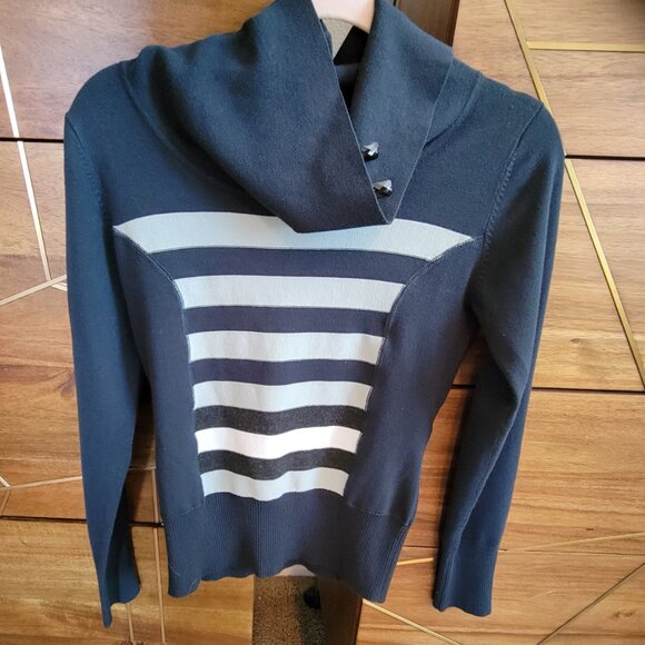 Crisca Forest Green Stripe Sweater Cowl Neck Size Small EUC Embellished - Picture 4 of 9